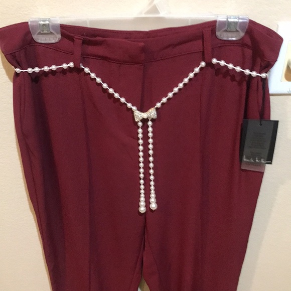 NWT Nicole Miller Cabernet Dress Pants w/Pockets Faux Pearl Belt Sparkle Bow-10 - Picture 5 of 12